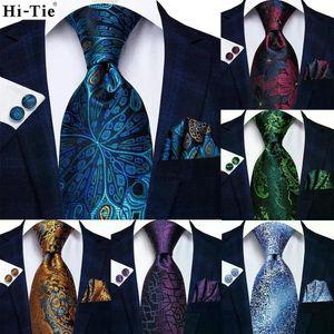 하이-넥타이 공작 블루 참신 디자이너 실크 웨딩 넥타이 남성용 Hanky  Cufflinks 선물 남성 패션 세트 비