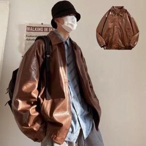 [옷자락]남자 겨울 트렌디 오버핏 브라운 가죽 레더 집업 자켓