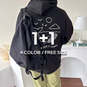 [1+1] 남녀공용 오버핏 모자큰 특양면 고래 프린팅 커플 후드티셔츠