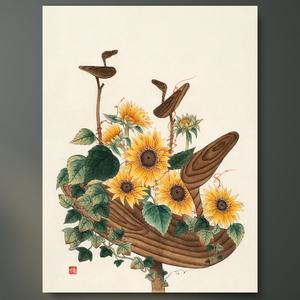 은작가스튜디오 [솟대와 해바라기] 복이오고 금전운 상승하는 동양화 민화 인테리어 원목/캔버스액자