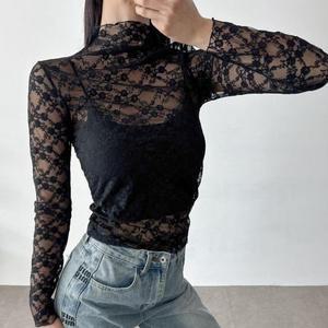 여자 비침 날라리폴라 꽃무늬 레이어드티 티셔츠