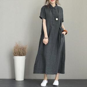 루즈핏 린넨 원피스 여성 롱 빅사이즈 반팔 퍼프 카라 모임룩 돌잔치룩 추천