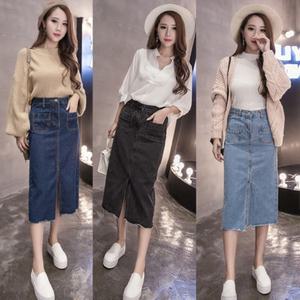 여성 A라인 데님 스커트 청치마 미디 롱 치마 연청 진청 블랙