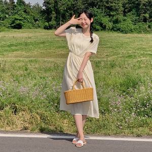 핫핑 뮤인트 라운드 백버튼 반팔 밴딩 롱원피스