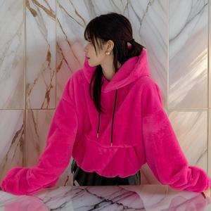 여자 연말룩 박시 밍크퍼 오버핏 핫핑크 후드티