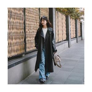 여성코트 블랙 스트링 pu가죽 트렌치코트 가을 빈티지 롱코트 OOTD3