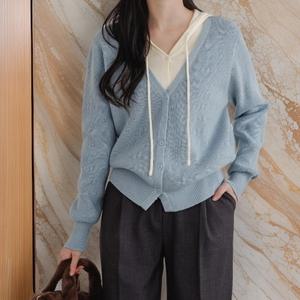 [다잇템] 여자 골지니트 투컬러 V넥 후디 가디건