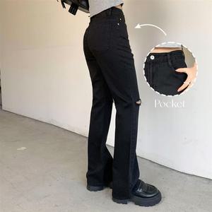여자 캐주얼 찢청 데미지 커팅 블랙 부츠컷 데님