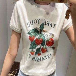 캐주얼티셔츠 여성 딸기 프린팅 크롭티 면 반팔 배꼽티