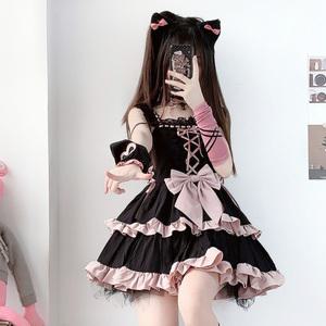 양산형 지뢰계 옷 로리타 드레스 민소매 고양이 귀 왕리본 원피스