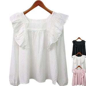 하얀비WR4041 여성스런 스퀘어 프릴블라우스/레이어드/셔링레이스 티셔츠/백화점여성의류