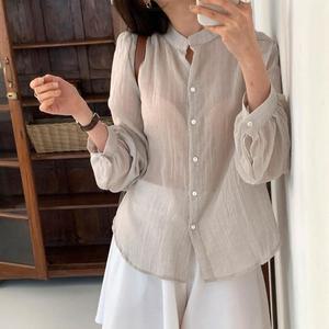 여자 차이나넥 SS 비침 레이어드용 벌룬 셔츠