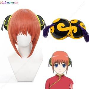 Gintama 코스프레 카구라 가발 짧은 오렌지 내열성 합성 머리 장식 헤어 클립 소품 +  모자