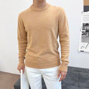 BLEO 남자 가을 기본 라운드 시보리 무지 데일리 긴팔 니트
