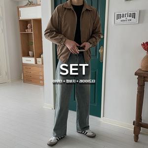[SET] 스웨이드 자켓 + 통청바지 + 레이어드티 코디세트 3종묶음