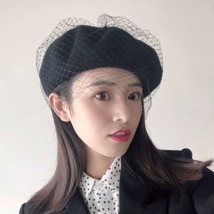 울 모자 망사베레모 패션 베레모 각 블랙 화가 망사