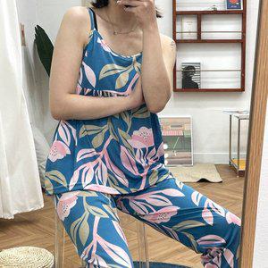 [러브핑코]트로피칼 여성 3피스 잠옷 딥아쿠아 파자마 반바지 긴바지 세트 나시 여자 홈웨어_P321915833