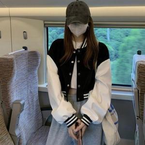 여성 바시티 캐주얼 크롭 봄자켓 야구점퍼 배색 (3hvjP)