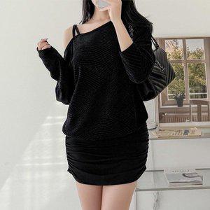 [옷자락]여자 로맨틱 가오리 루즈핏 셔링 펄 블랙 미니원피스_P379571523