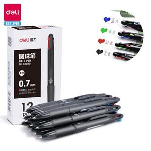 DELI 컬러 볼펜 블루 블랙 레드 그린 4 인 1 컬러 볼펜 07mm 잉크 리필 학교 사무실 문구 12 개로트