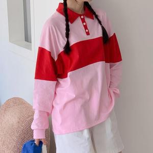 여자 오버핏긴팔 콘트라스트 카라넥 티셔츠