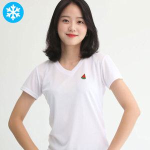 멋지군 기능성 브이넥 여성 반팔 쿨론 쿨 쿨링티셔츠 캐릭터 냉감 V넥 수박자수