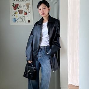 [다잇템] 여성 롱 박스핏 롱슬리브 주머니 가죽 자켓