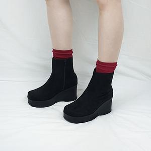 킨트 국산 블랙 스웨이드 키높이 웨지 통굽 앵클부츠 9cm