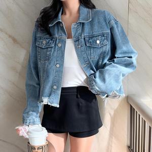 여자 카라넥 봄데님 컷오프 트러거 빈티지 청자켓