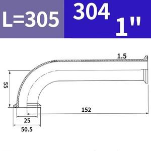 일방향 익스텐션 파이프 벤딩, 트라이 클램프 연결 엘보 피팅, SS304, 1 인치 (25mm)OD50.5 mm, L = 305mm,