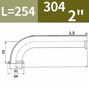 일방향 익스텐션 파이프 벤딩, 트라이 클램프 연결 엘보 피팅, SS304, 2 인치 (51mm)OD64mm, L = 254mm, 90