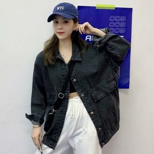 [오노마] ONM 여성 넉넉한 핏 포켓 데님 청자켓 블랙 연청 캐주얼