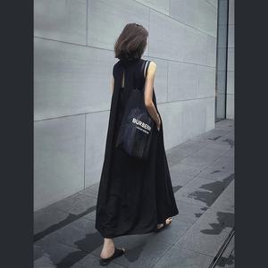 여성 심플 블랙 뒷트임 라운드넥 민소매 롱 원피스