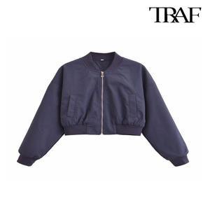 여성숏코트 여자봄코트 A라인 니트 반 아우터 TRAF 크롭 보머 재킷 여성용 긴팔 코트 앞 지퍼 아우터 시크