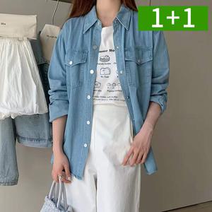 [1개+1개] 여성 캐주얼 데님 청 남방 봄 가을 간절기 긴팔 데님 셔츠