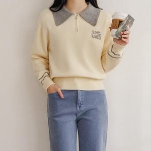[다잇템] 여자 콘트라스트 카라넥 덤블 대학생패션 하프집업 니트