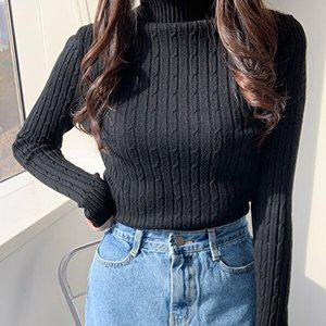 [샵앤]여성 하이넥 꽈배기 데일리 터틀넥 니트 21DS-WKN-4077-블랙