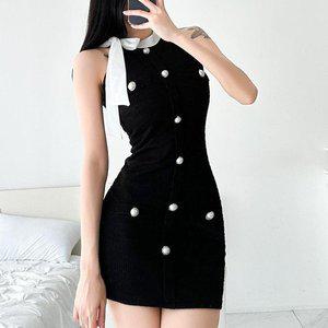 [옷자락]여자 버튼포인트 미니 트위드 홀터리본 원피스_P350076231