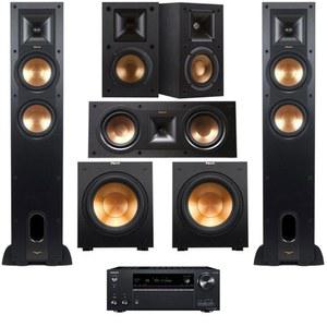 Klipsch 레퍼런스 5.1 홈 시어터 시스템, 2배 R-26FA 바닥 스탠드 스피커 번들, R-41M 책장 스피커, R-25C 센터 채널 R-12SW 서브우퍼, 온쿄 TX-NR696 7.2 리시버