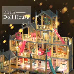 인형의 집 3D 조립된 DIY 미니어처 인형집 액세서리 빌라 공주 성 LED 등 장착 소녀 생일 선물 장난감