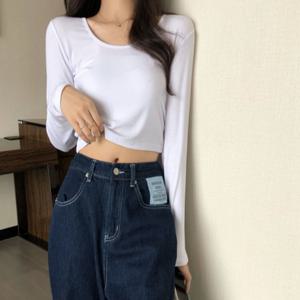 [리빌모아]여자 크롭 라운드넥 무지 슬림핏 U넥 티셔츠 OCW-TSA-SWFGRBV2