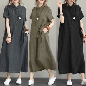 린넨 카라 롱 원피스 여름 치마 빅사이즈 루즈핏 퍼프 반팔 롱원피스 여성 돌잔치