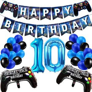 블루 게임 번호 10 생일 테마 파티 장식 세트, 숫자 풍선 풀 플래그 세트