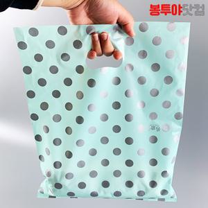 HD PE 도트 민트실버 비닐쇼핑백 100장 중형 대형 손잡이 쇼핑 봉투 옷가게 선물 비닐백