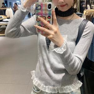 프릴티셔츠 라운드넥 시스루 골지 도트레이스 긴팔