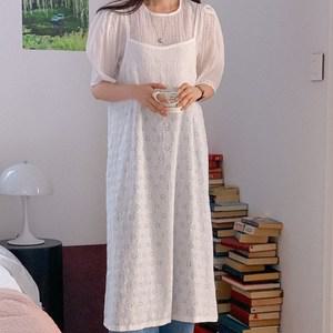 꽃펀칭 끈나시 레이어드 일자 레이스원피스