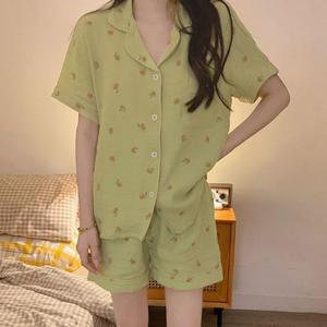 [RGLP2465]복숭아 패턴 반팔 잠옷 세트 홈웨어 카라넥
