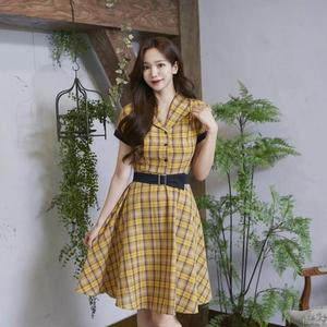 체크 복고 벨트 원피스 (대여) 옐로우 레트로 교복몰