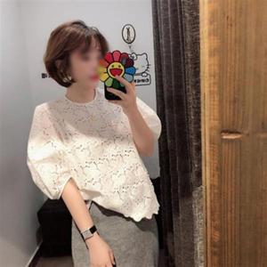 플라워 자수 펀칭 레이스 시스루 퍼프 벌룬 볼륨 소매 루즈핏 반팔 화이트 여름 블라우스 TS066