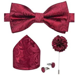 남자를위한 웨딩 나비 넥타이 클래식 레드 Pre-tied Bowtie 커프스 단추 코사지 파티 실크 나비 매듭 선물 남자 액세서리 세트